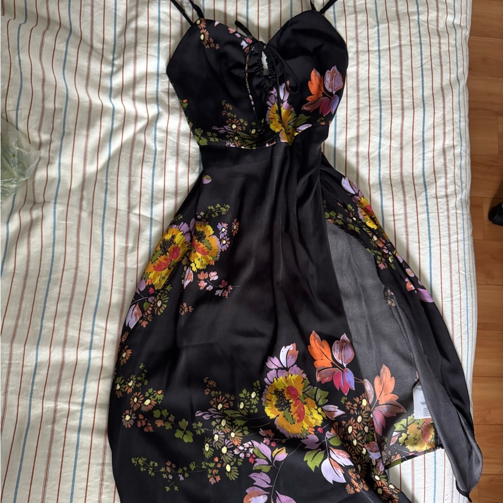 Floral Black Silky Dress Size small